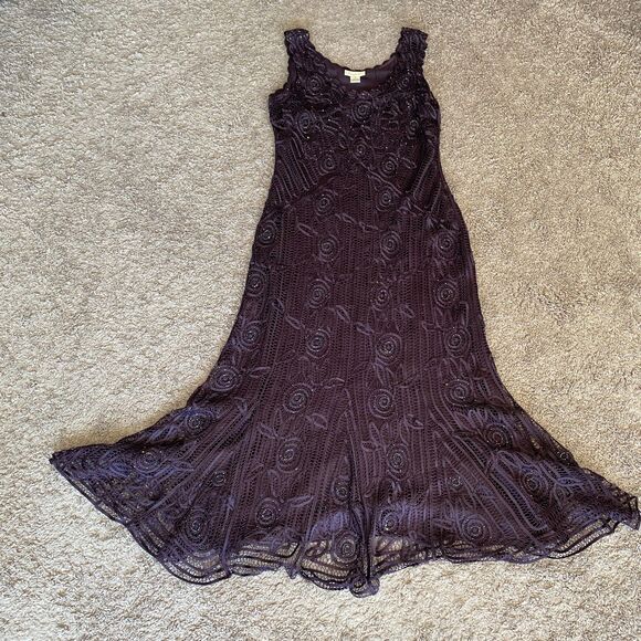 VINTAGE SOULMATES 100% Silk Purple Beaded Lace Slip On Maxi Length Dress Size XL - Picture 2 of 11